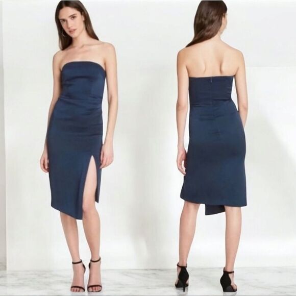 Cushnie Navy Blue Crepe Strapless Side Slit Fitted Ruched Waist Cocktail Dress 8 - Picture 1 of 7